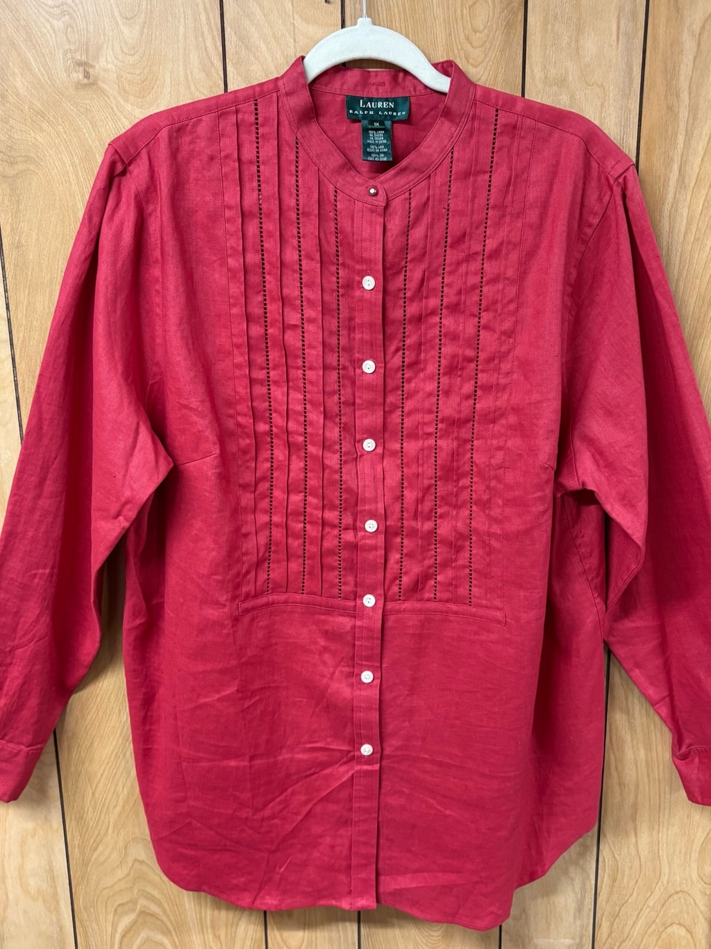Ralph Lauren Vintage Women 1X Red Linen Shirt Pintuck Detail Tuxedo Long Sleeve